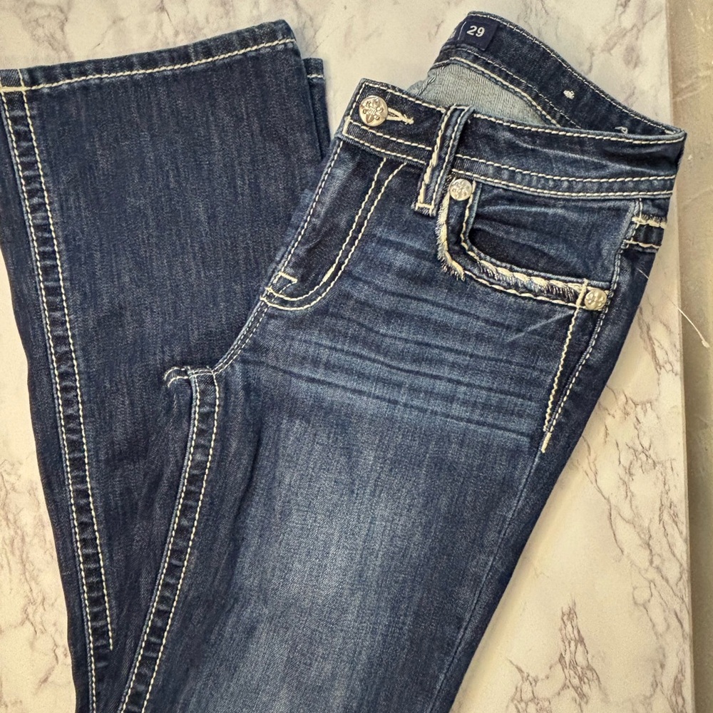Miss Me Dark Blue Boot Cut Jeans with Contrast Stitching